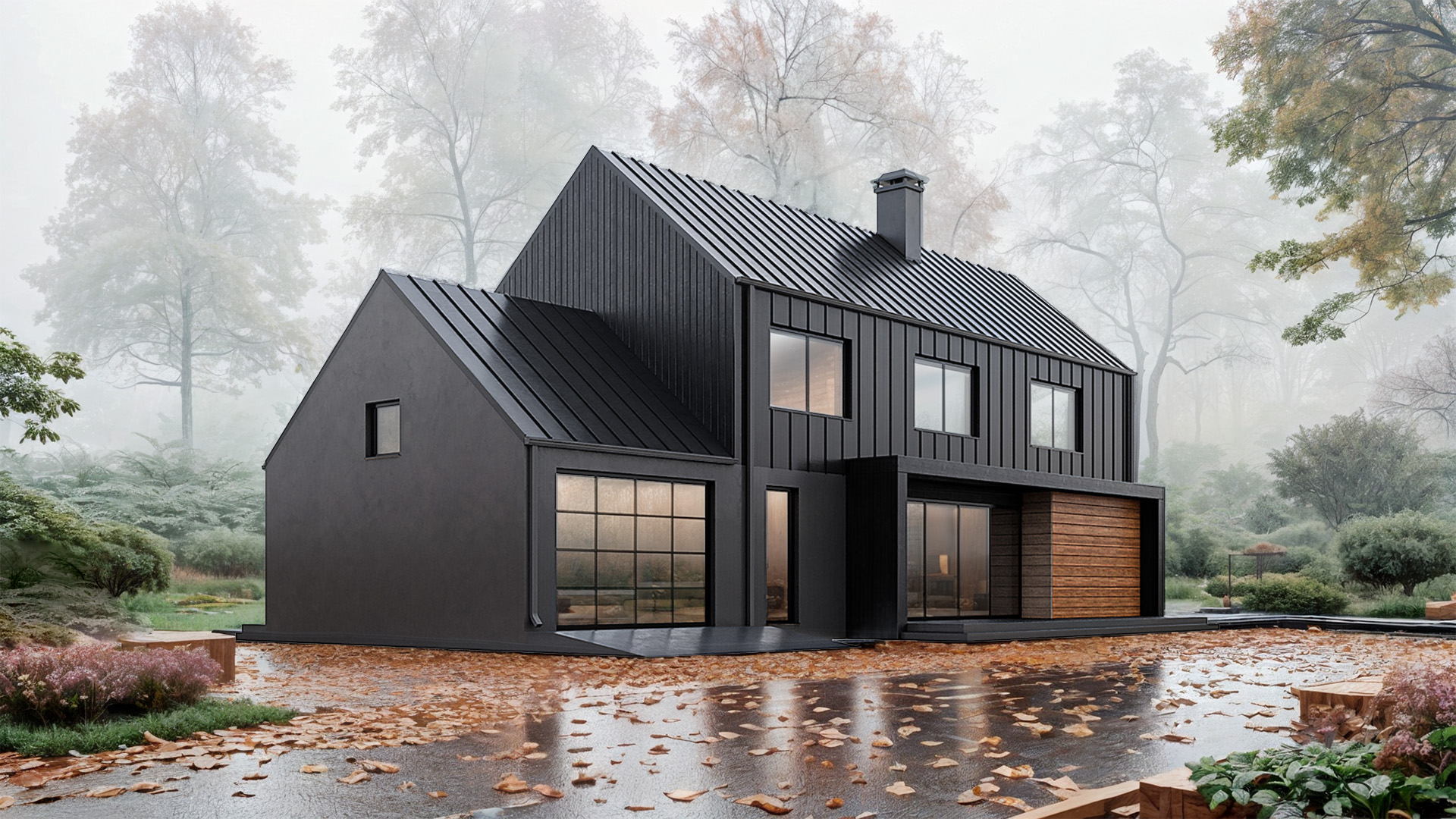 Современный дом, черный, большие окна, деревянные панели, туман, деревья